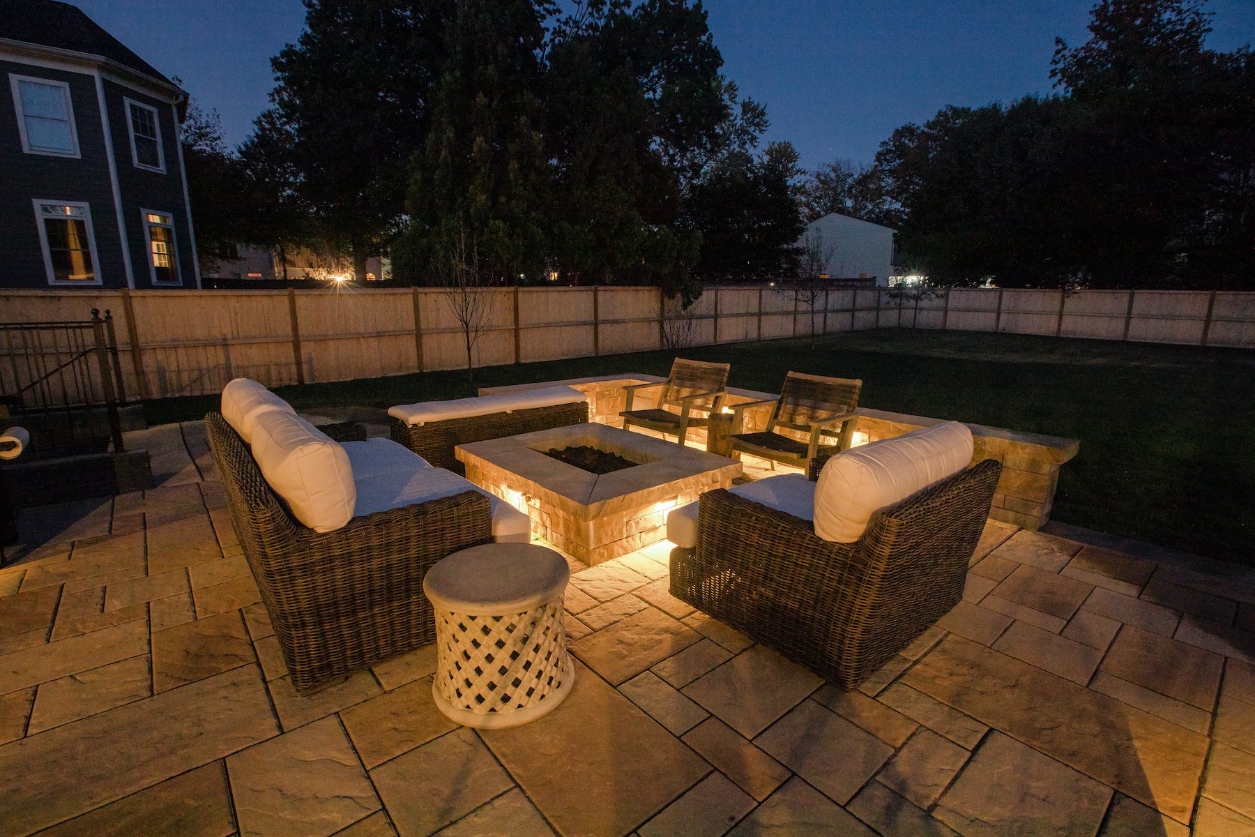 landscape lighting illuminating an outdoor living space