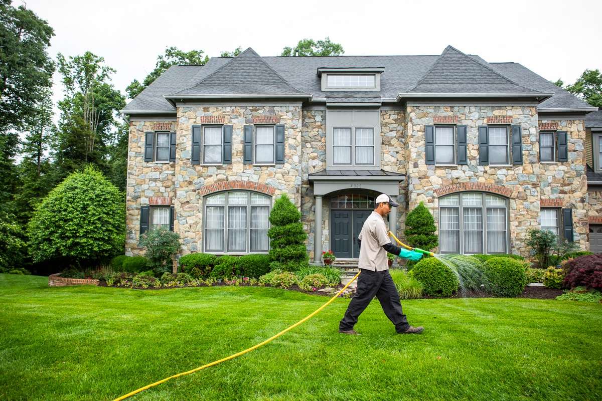 lawn care technician spraying a lawn with liquid fertilizer and broadleaf weed control