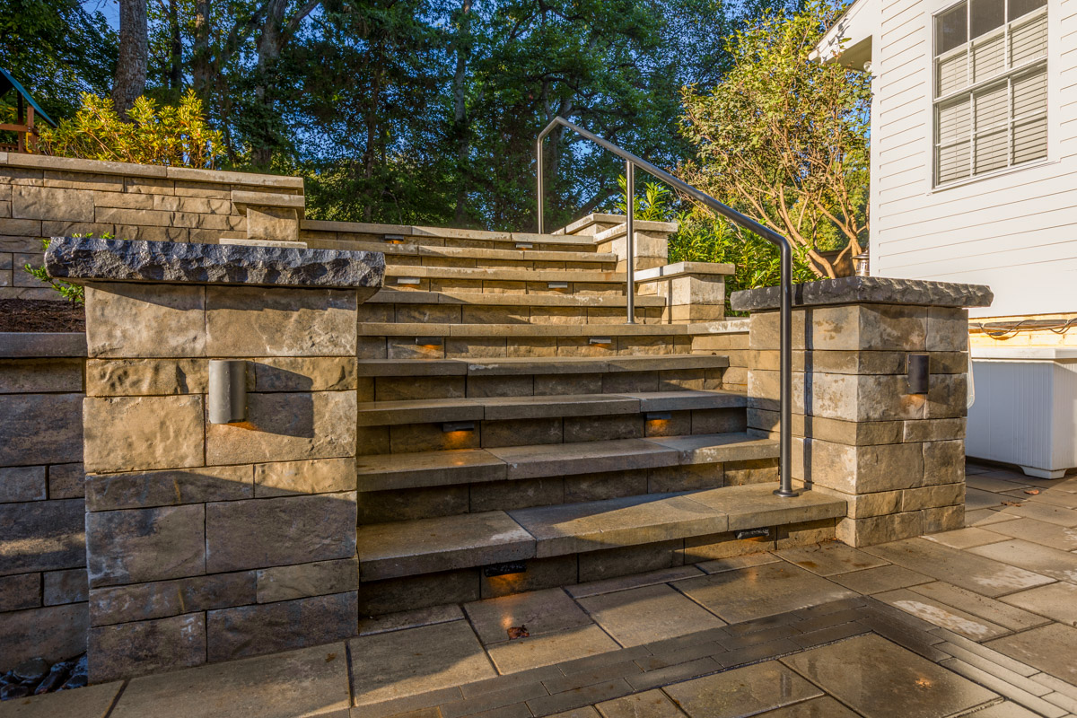 landscape design stone stairs retaining walls paver patio woodline rood residence 5