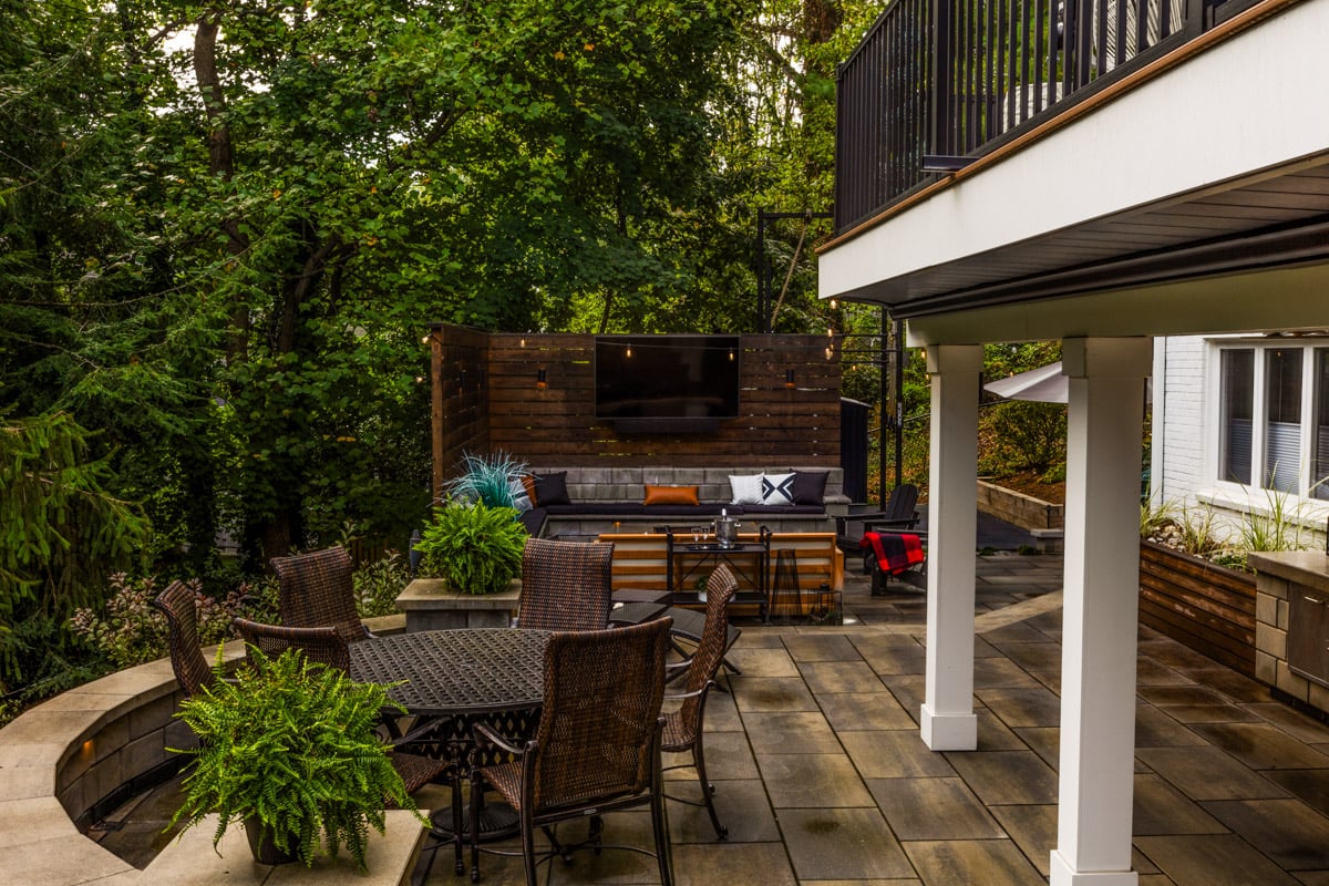 deck, porch and sitting wall in shaded backyard 