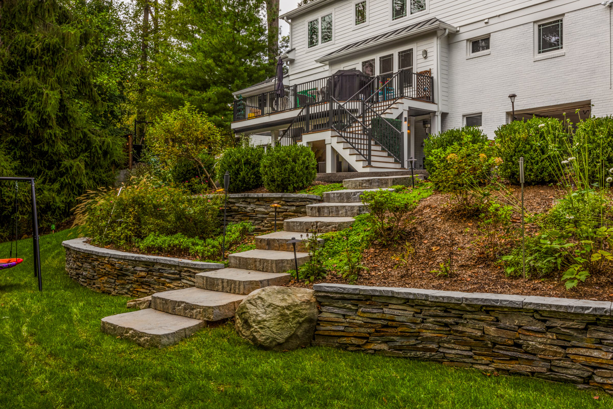 landscape design stairs retaining wall planting beds turf thomas residence