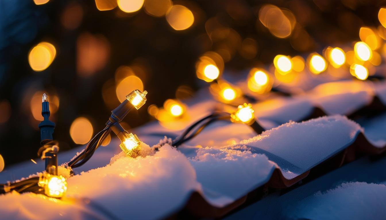 closeup of holiday lighting on roof