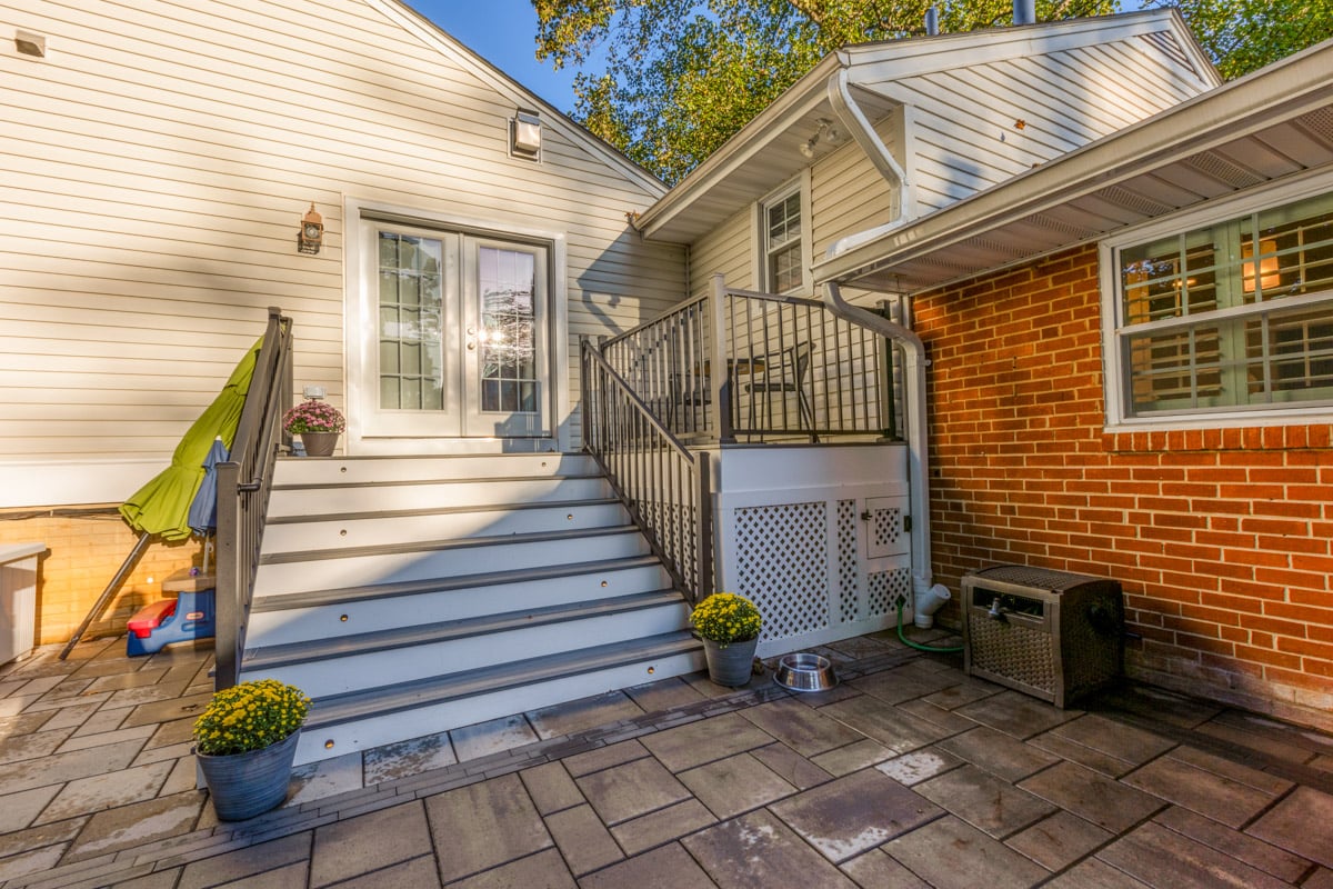 landscape design deck stairs paver patio backyard rood residence