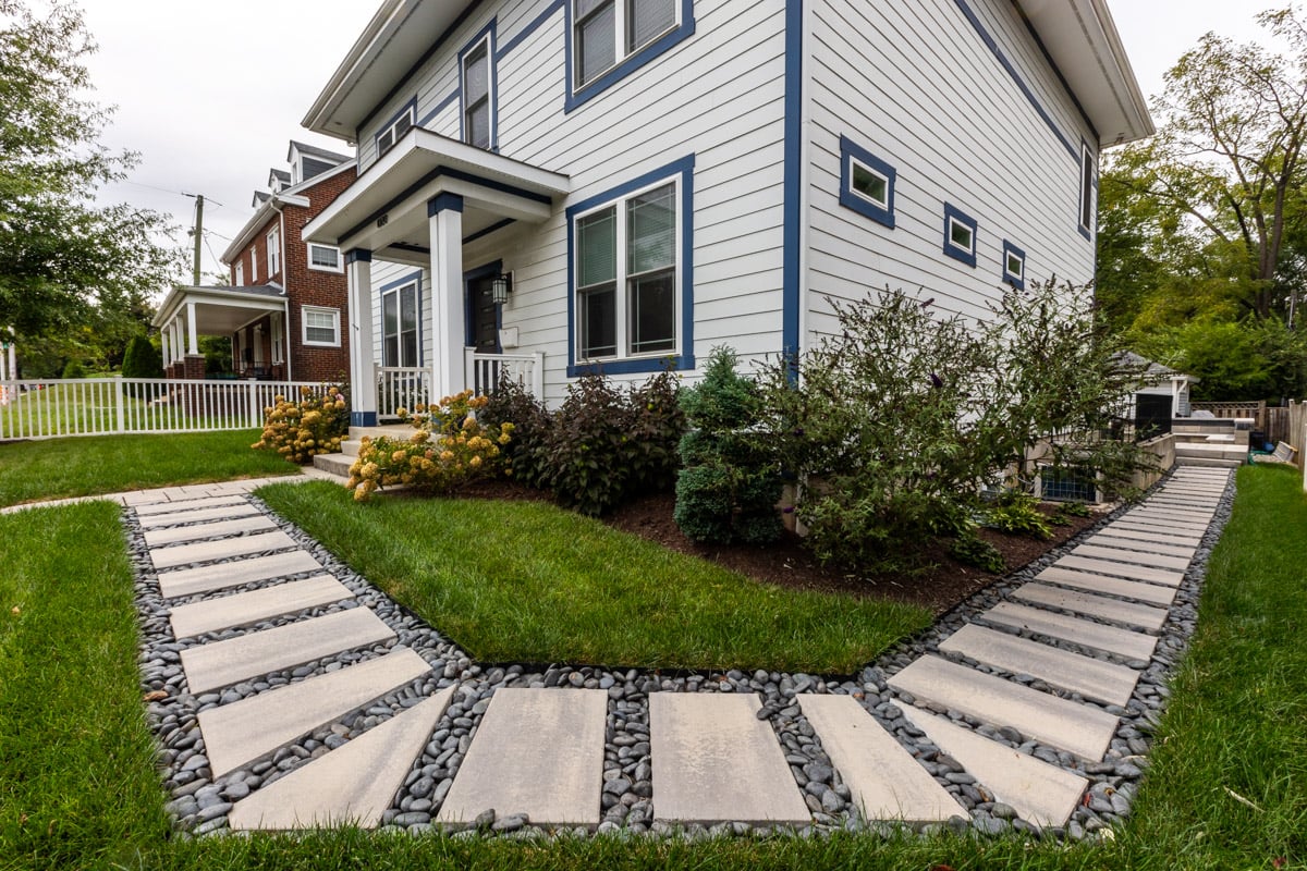 landscape design slab walkway turf fence border planting bed cloutier residence 3